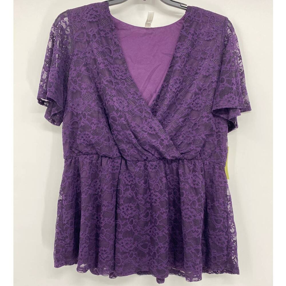 PerSeption Womens Purple V-neck Lace Ruffle Blouse Shirt Top NEW 2X